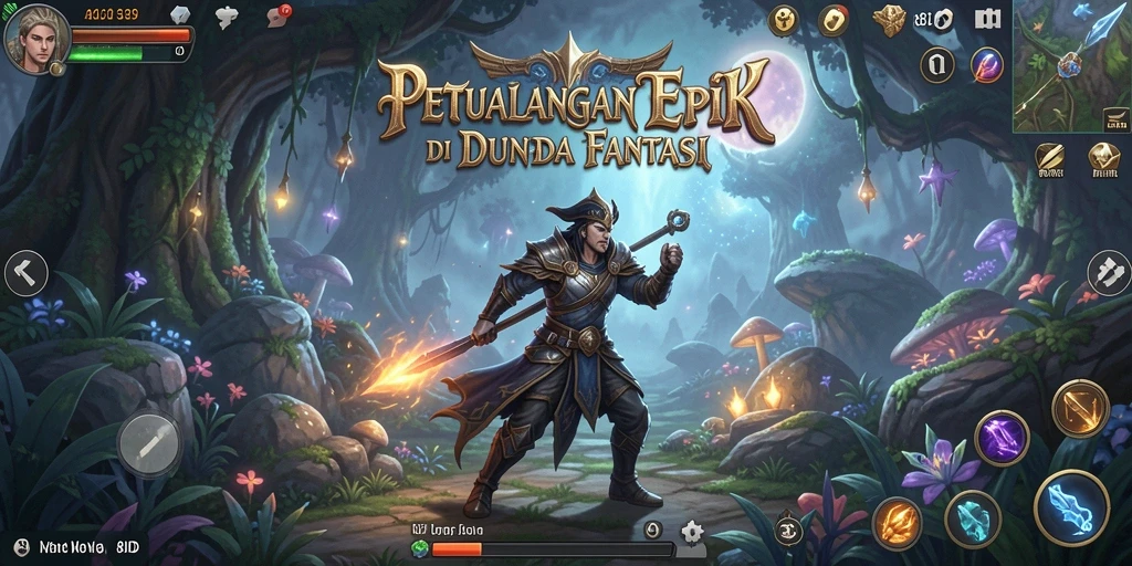 Screenshot gameplay menampilkan pertempuran seru di dunia fantasi.