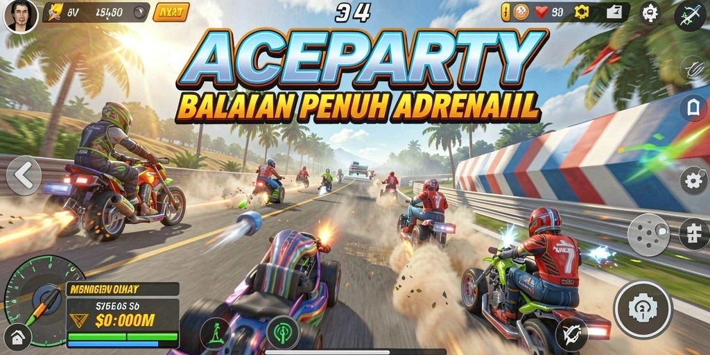 Screenshot gameplay ACEPARTY yang menampilkan adrenalin balapan.