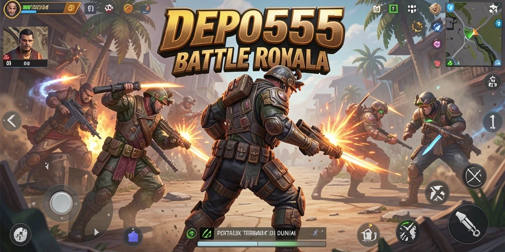 Screenshot gameplay intens dari DEPO555 dalam pertarungan Battle Royale.