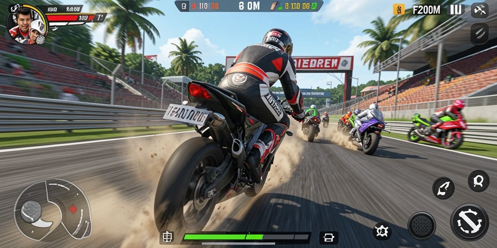 Screenshot utama F200M menunjukkan balapan motor yang intens dan realistis.