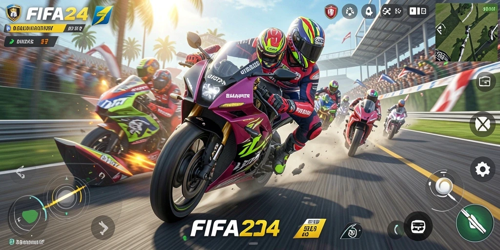 Gameplay seru dengan motor balap berkecepatan tinggi.