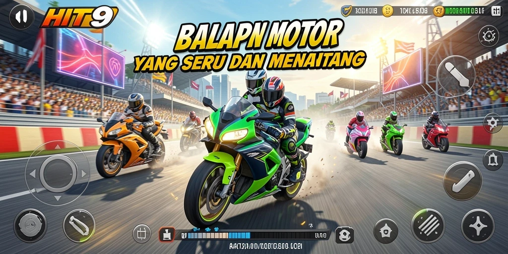 Screenshot gameplay HIT9 menunjukkan aksi balapan motor yang seru.