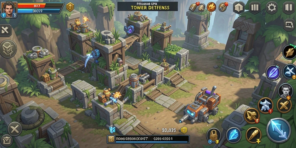 Screenshot utama NV77 menampilkan aksi menegangkan dalam permainan Tower Defense.