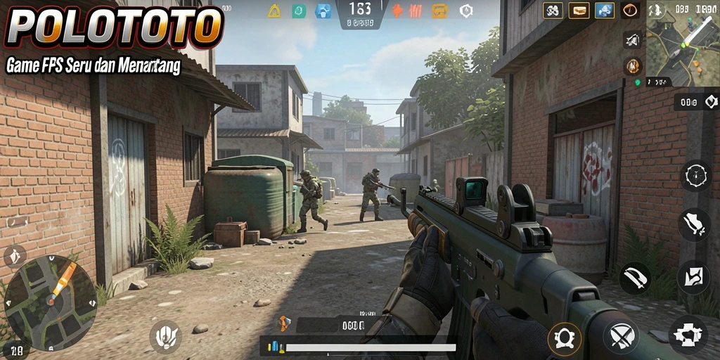 Screenshot gameplay POLOTOTO menunjukkan aksi tembak-menembak yang intens.