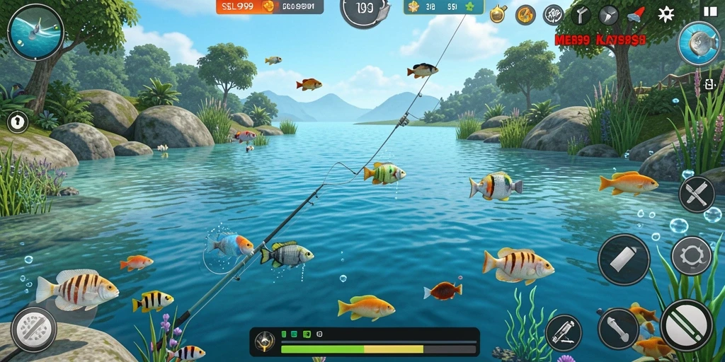 Screenshot gameplay SL999 menampilkan aksi memancing seru di lokasi indah.
