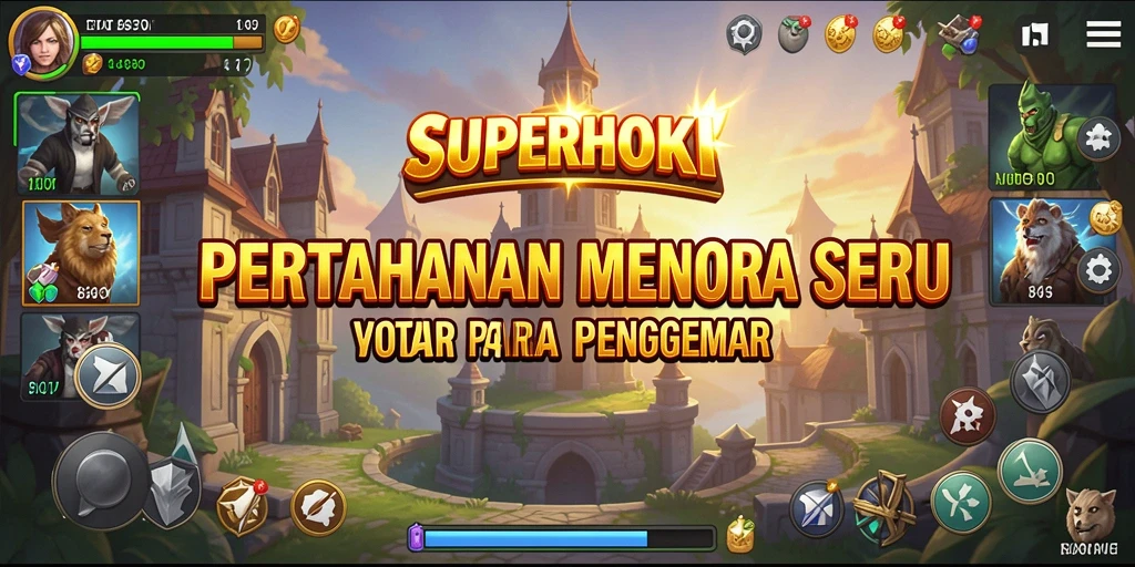 Gameplay <strong>SUPERHOKI</strong> menampilkan pertarungan menara melawan gelombang musuh.