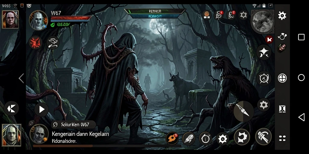 Tangkapan layar gameplay W67 dengan momen menegangkan di kegelapan.