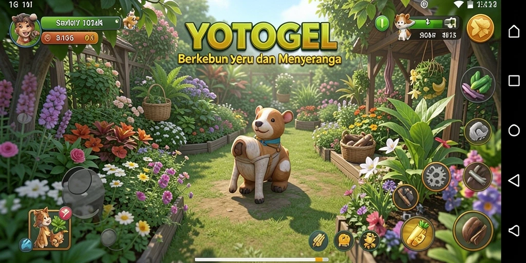 Screenshot gameplay YOTOGEL menampilkan kebun yang subur dan berwarna-warni.